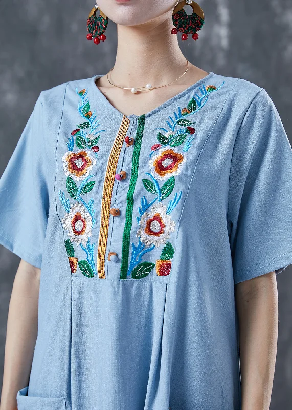 Motherhood dresses for pregnant womenLight Blue Patchwork Linen Long Dress Embroideried Summer