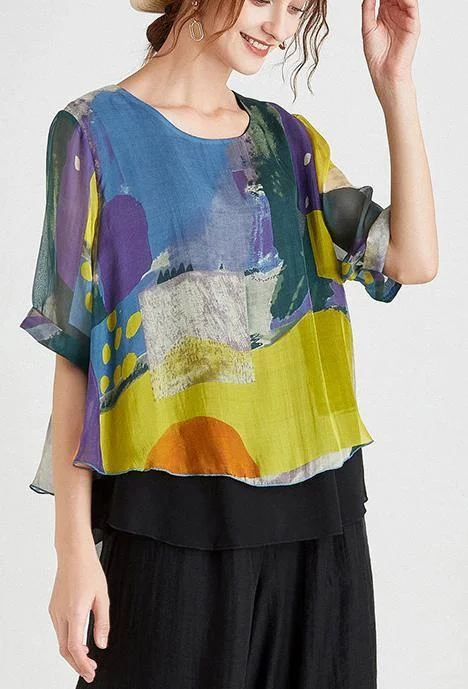 Moisture-wicking women's topsStylish Yellow Blue Half Sleeve Chiffon Summer Shirt