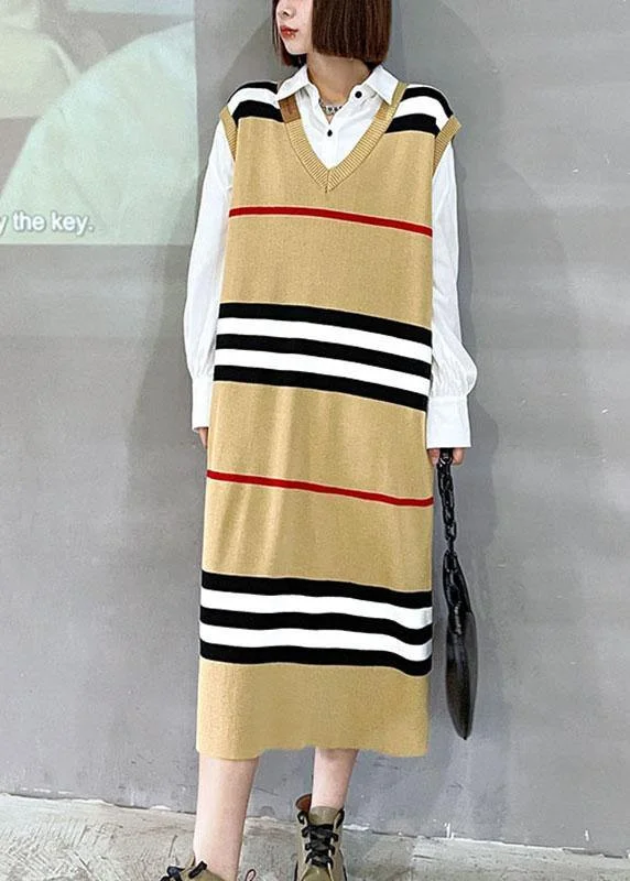 Zipper women's sweaterDIY Khaki V Neck Striped Fall Knit Sweater Dress