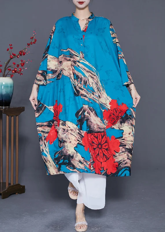Velvet dresses for womenFrench Blue Oversized Patchwork Print Silk Holiday Dress Summer