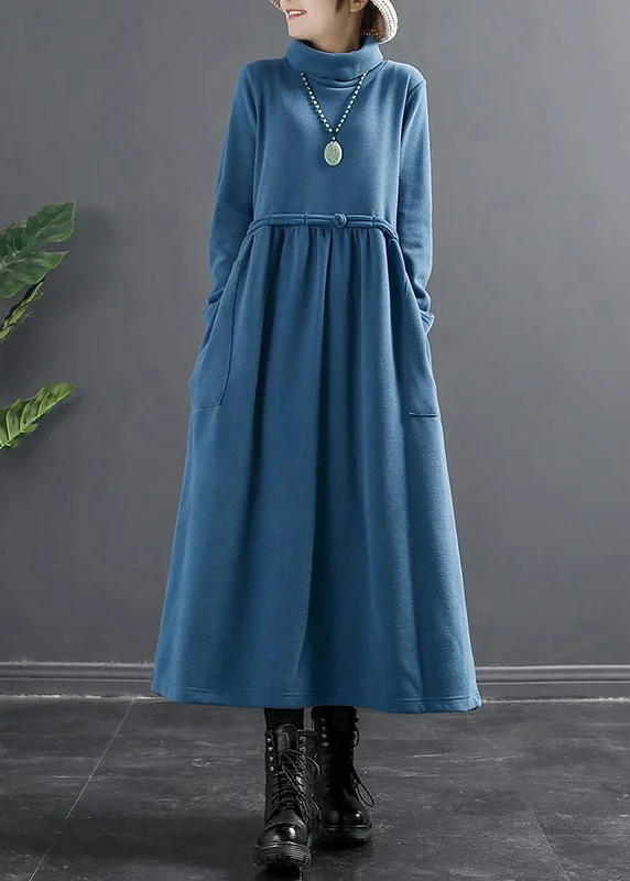 Summer dresses for hot weatherLake Blue Pockets Thick Cotton Knit Long Dresses Turtleneck Long Sleeve