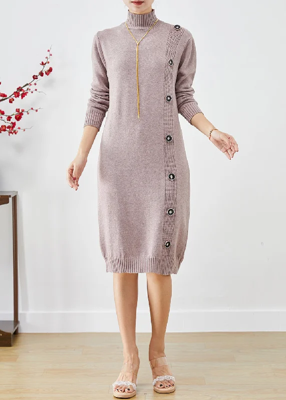 Oversized women's sweaterElegant Light Purple High Neck Button Knit Sweater Dress Fall