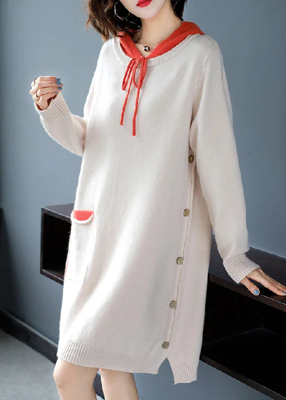 Local artisan women's sweaterBeige Drawstring Thick Hooded Knit Woolen Sweater Dress Fall