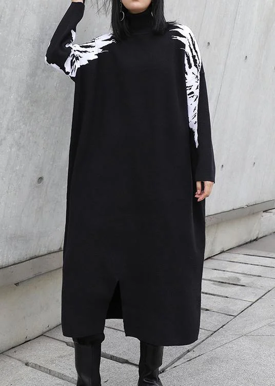 Party women's sweaterChristmas black Weaving flowers Sweater plus size high neck daily knit dress