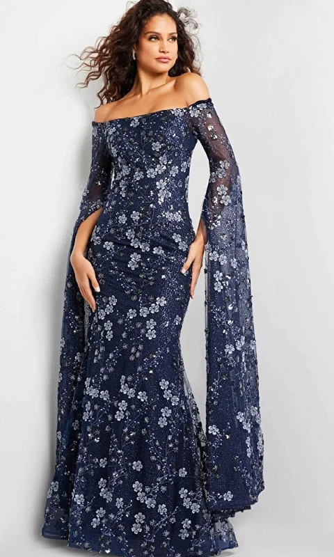 Peplum dresses for womenJovani 26330 - Floral Embroidered Cape Long Gown