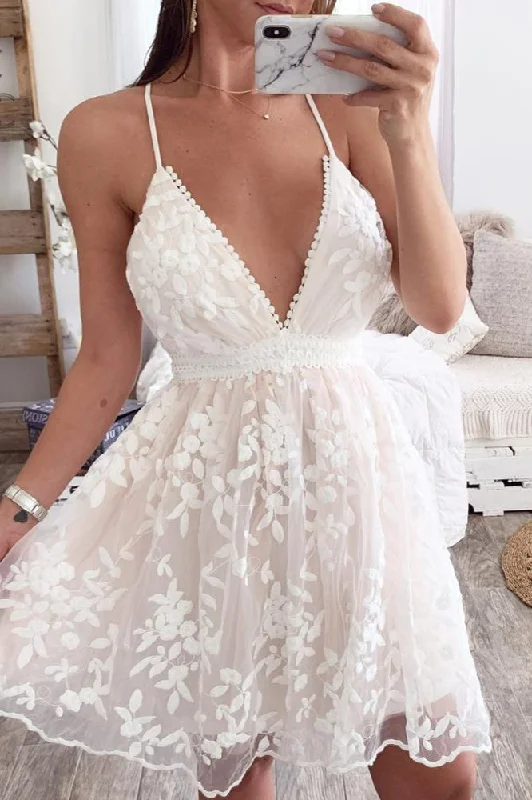 Silk dresses for womenLovely White Lace Short Prom Dress Mini Party Gowns
