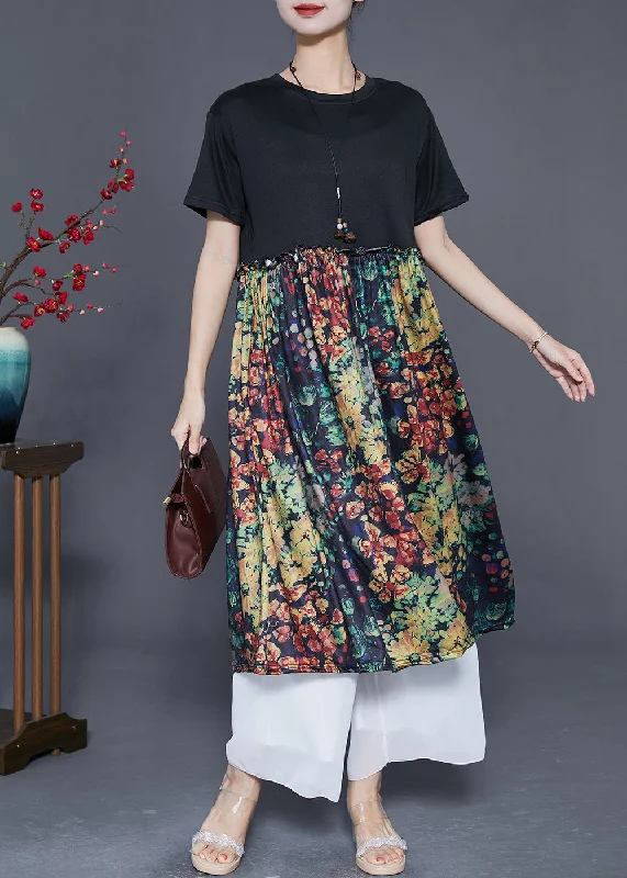 Maxi dresses for womenFrench Black Ruffled Patchwork Print Silk Dress Summer