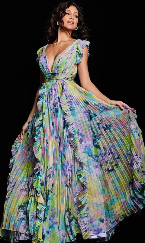 Wrap dresses for womenJovani 34412 - Floral Print Flutter Long Dress