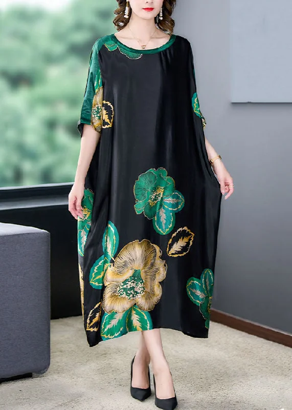 Little black dresses (LBDs) for womenLoose Black O Neck Print Pockets Patchwork Silk Dresses Summer