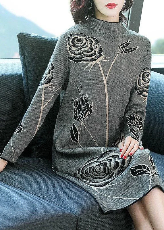 Watercolor print women's sweaterElegant Black Stand Collar Print Knit Sweater Dress Winter