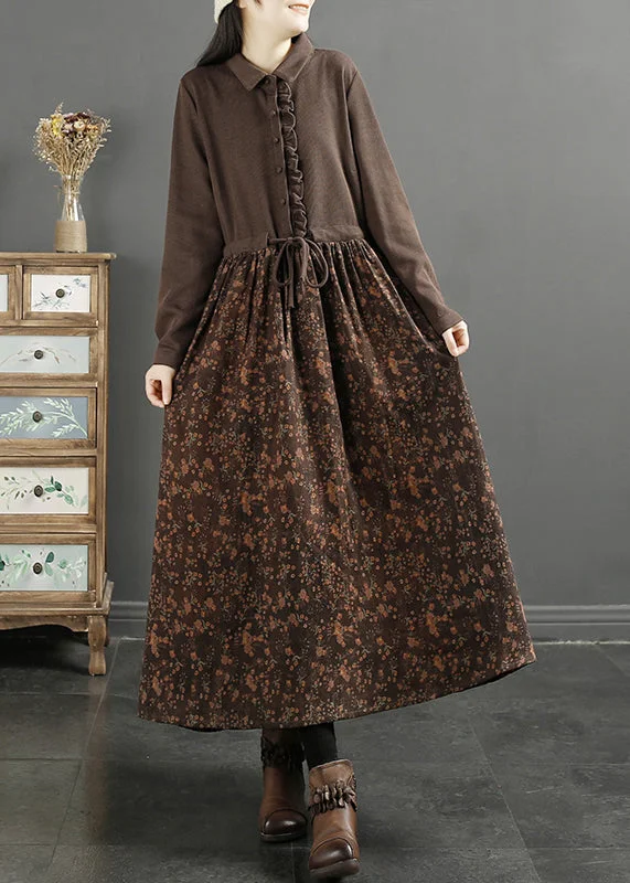 High-slit dresses for womenElegant Coffee Ruffled Print Knit Patchwork Long Dress Long Sleeve