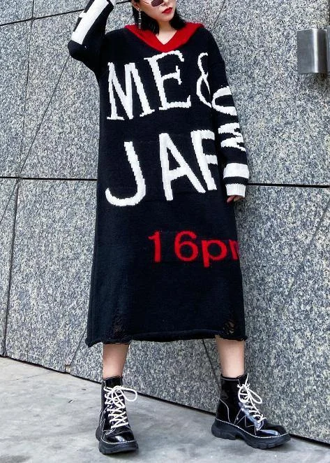 Capsule collection women's sweaterCute black Sweater dress outfit Upcycle alphabet Fuzzy hooded sweater dress