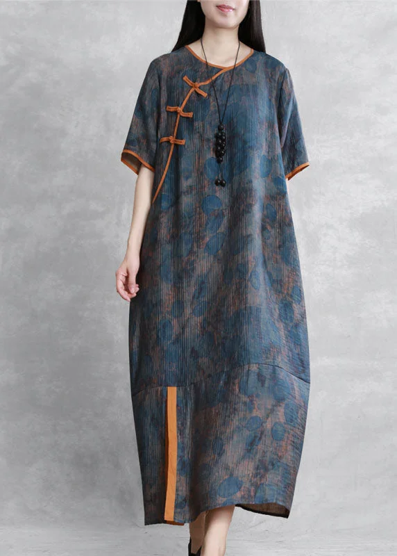 Cold-shoulder dresses for womenOrganic Blue O Neck Print Chinese Button Patchwork Silk Dress Summer