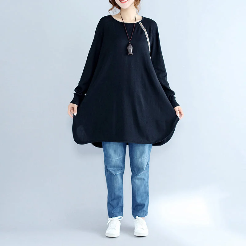 Bohemian women's sweaterblack casual plus size knit sweater dresses plus size long sleeve knit dress