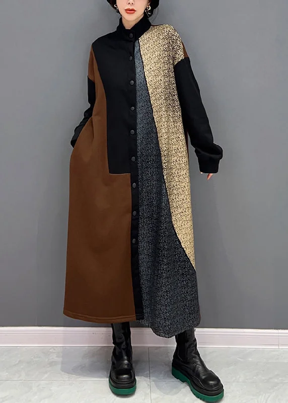 Party dresses for womenFrench Brown Stand Collar Button Patchwork Cotton Dress Fall