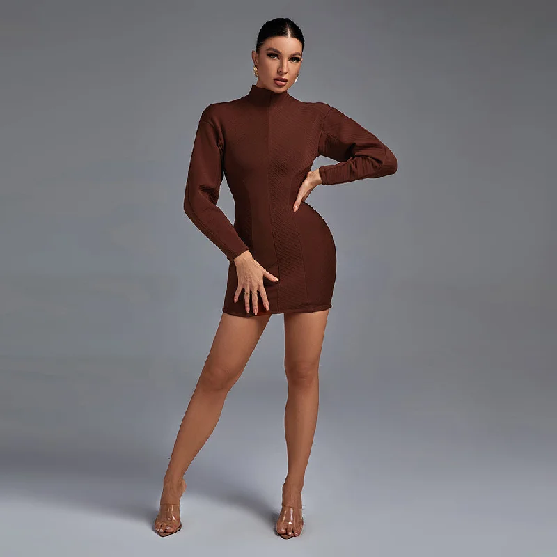 Plunging neckline dresses for womenHigh Neck Long Sleeve Striped Mini Bandage Dress PP21715