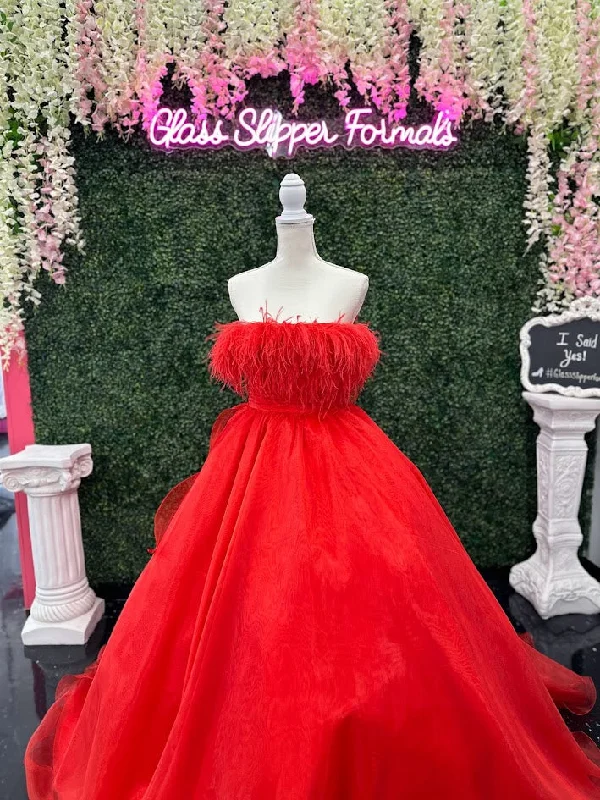Silk dresses for womenJohnathan Kayne 2739 Size 4 RED strapless feather neckline evening dress long organza A line gown