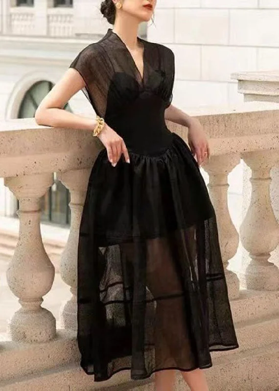 Spaghetti strap dresses for womenFrench Black V Neck Wrinkled Patchwork Tulle Dress Summer