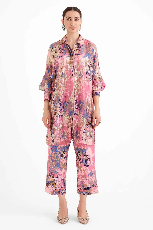 Sheer women's topsSequin Embellished Pink Cuff Shirt Co-Ord Set