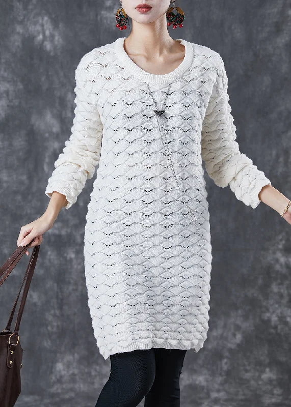 High-low hem women's sweaterCasual White O-Neck Thick Knit Sweater Dress Winter