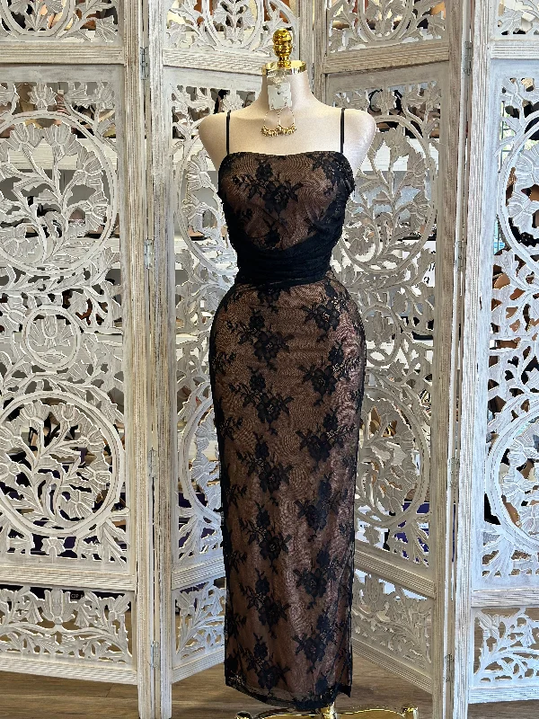 high-end women's suit setsNude with Black Lace Corset Dress - Estira, Stretchy