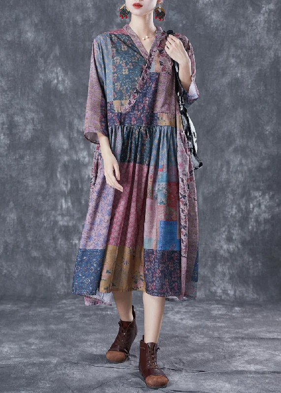 Long flowy dresses for womenRetro Colorblock V Neck Patchwork Exra Large Hem Linen Dress Bracelet Sleeve