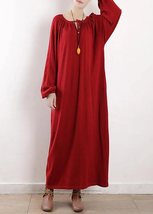 Designer women's sweaterKnitted o neck Cinched Sweater dress outfit Women red daily knitwear fall