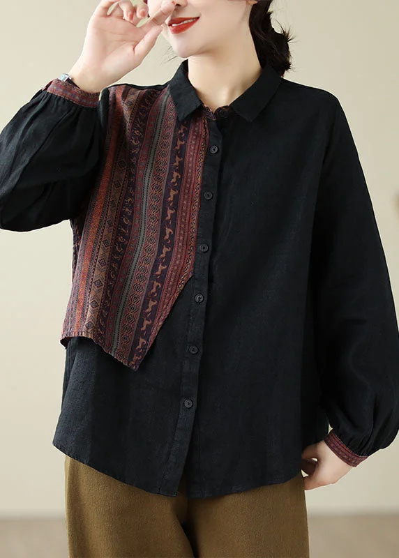 Party women's topsFine Black Peter Pan Collar Print Button Linen Shirts Long Sleeve