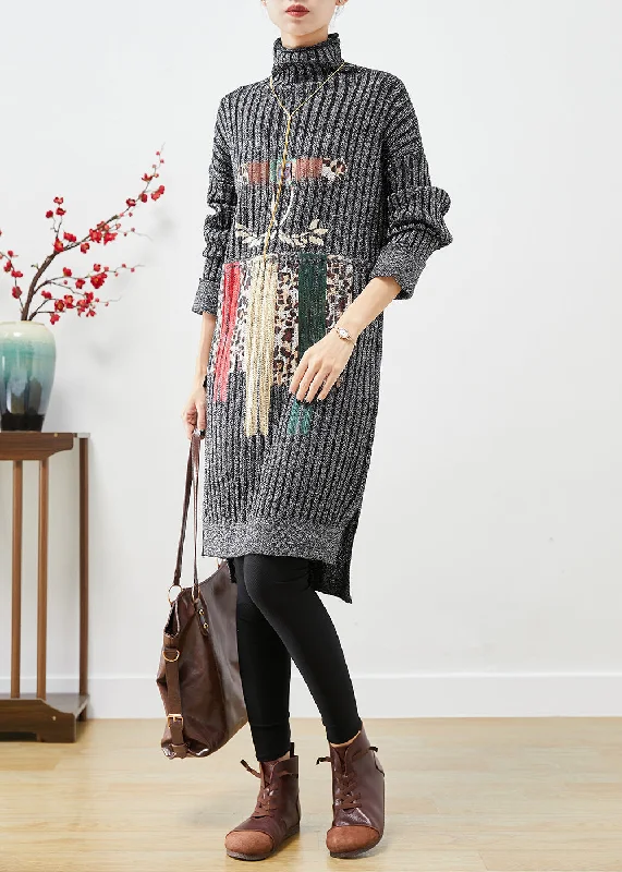 Autumn women's sweaterSlim Fit Grey Turtle Neck Print Knit Sweater Dress Fall