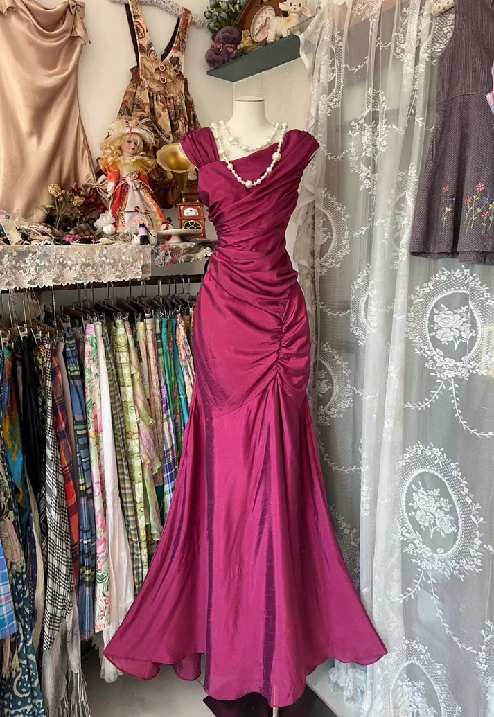 Evening women's dressesPink Vintage Fashion Long Pleated Mermaid Slim Floor Length Satin Evening Gown Ball Gown gh3379