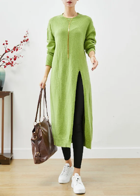 Luxury women's sweaterGrass Green Oversized Knit Sweater Dress Side Open Fall