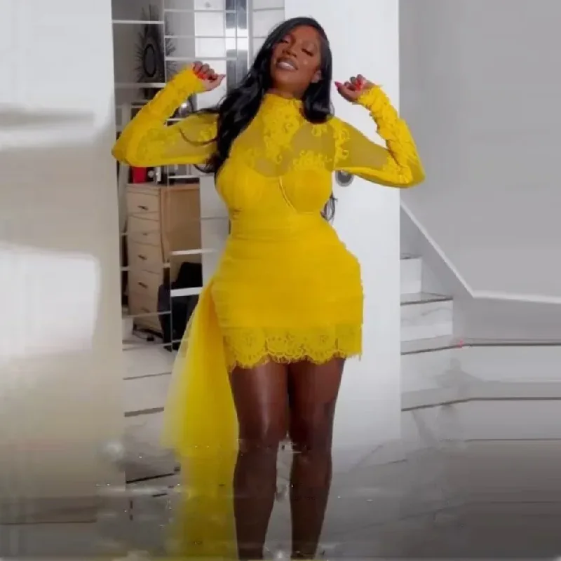 Glamour dresses for red carpet appearancesSexy Mini Prom Dresses High Neck Long Sleeves vestidos de noche Sheath Women Party Dress With Side Train Aso Ebi Evening Gowns