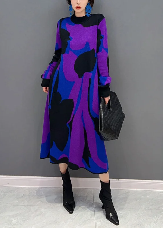 Teal women's sweaterStylish Purple Hign Neck Print Thick Knit Sweater Dress Winter