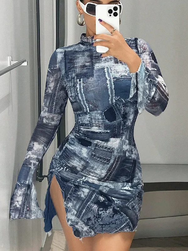 Midi dresses for womenHigh Neck High Slit Mini Bodycon Dress HB10115