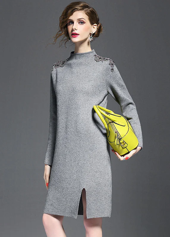 Suede women's sweaterGrey Knit Sweater Dress Turtle Neck Nail Bead Side Open Long Sleeve
