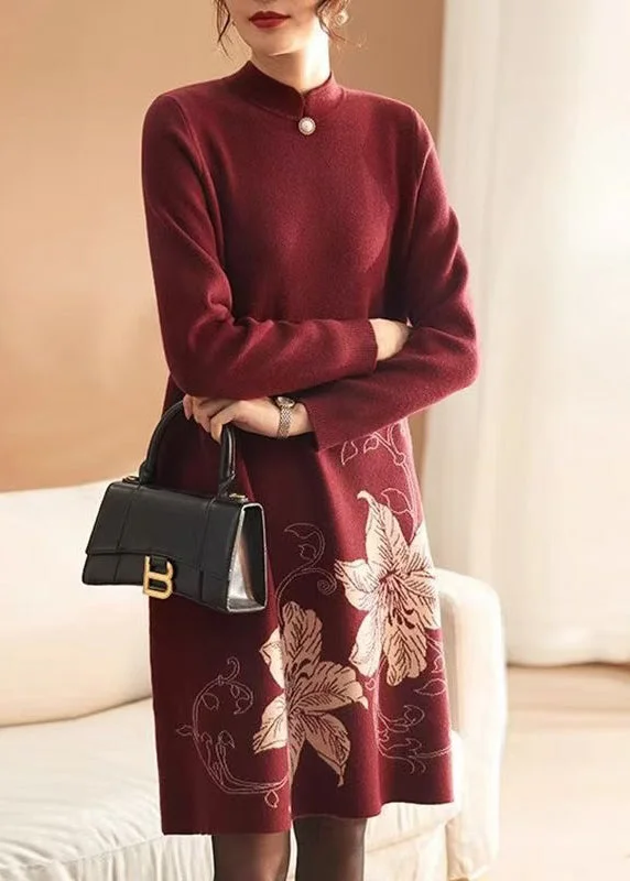 Turtleneck women's sweaterUnique Red Stand Collar Print Knitted Sweaters Dress Spring