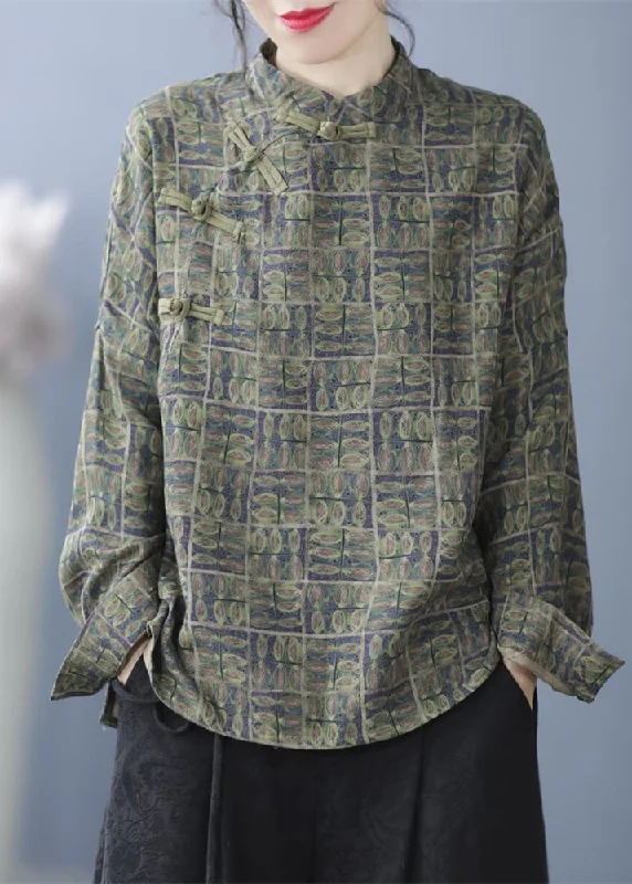 Shawl collar women's topsGreen Print Stand Collar Shirt Long Sleeve