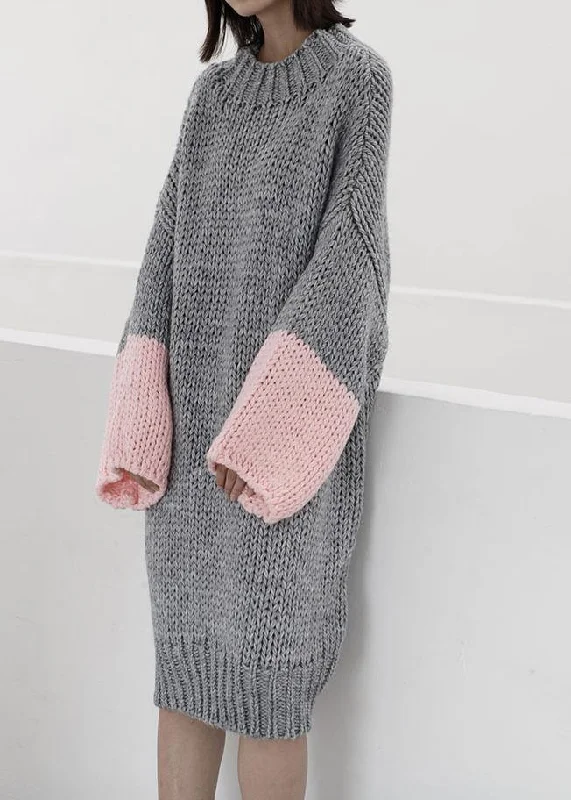 Casual women's sweaterWomen gray Sweater knit top pattern Upcycle o neck Batwing Sleeve knit dress