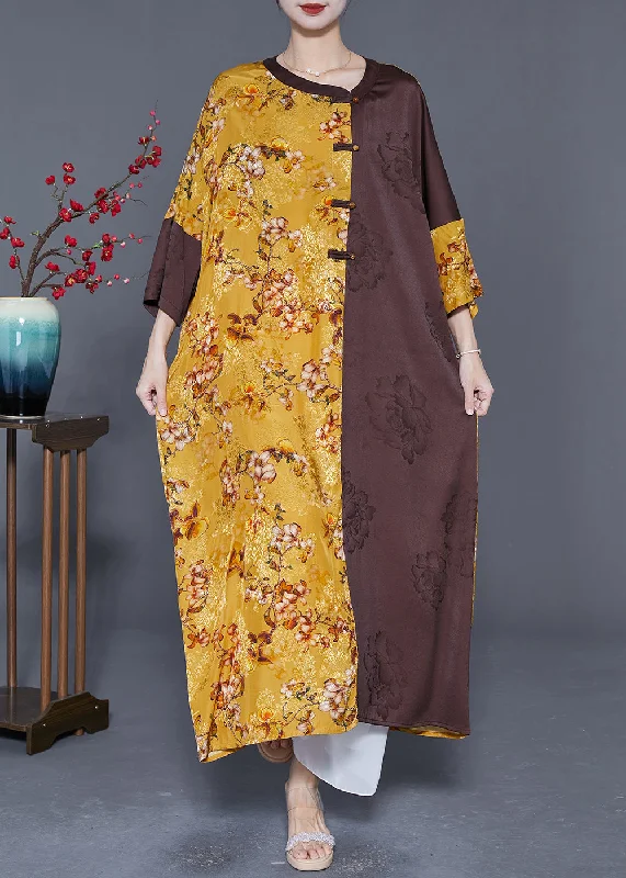 Sleeveless dresses for womenDIY Colorblock Oversized Patchwork Chinese Button Silk Long Dress Summer