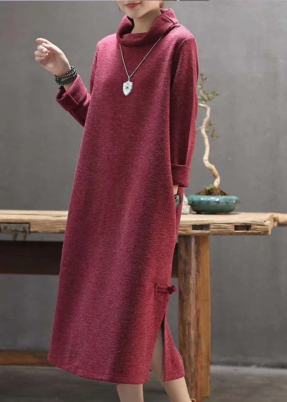 Earth-tone women's sweaterFashion High Neck Side Open Sweater Weather Gray Big Sweater Dress