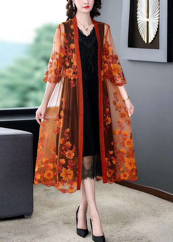 Denim dresses for womenWomen Orange Embroideried Patchwork Tulle Long Dresses Summer