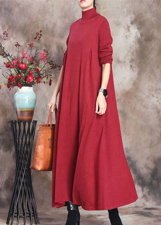 Lace women's sweaterFashion Red retro Knit slim fit Fall Long Sweater Dress