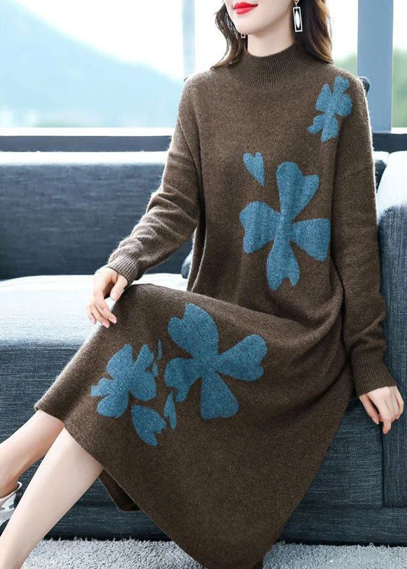 Metallic women's sweaterCoffee Cashmere Long Sweater Dress Stand Collar Embroideried Long Sleeve
