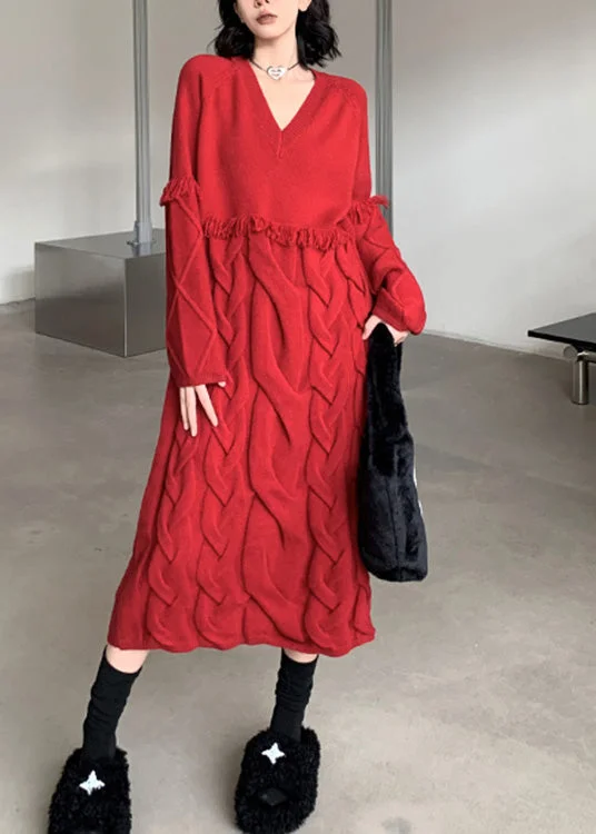 Olive green women's sweaterLoose Red V Neck Tassel Cable Knit Sweater Dress Winter