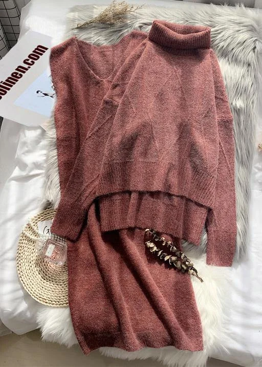 Sage green women's sweaterHigh collar red sweater women's loose and thickened autumn and winter suspender wool dress two piece set