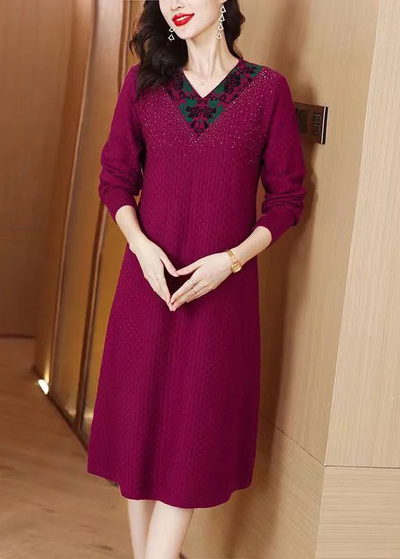 High-low hem women's sweaterFrench Dark Purple V Neck Zircon Knit Sweater Dress Winter