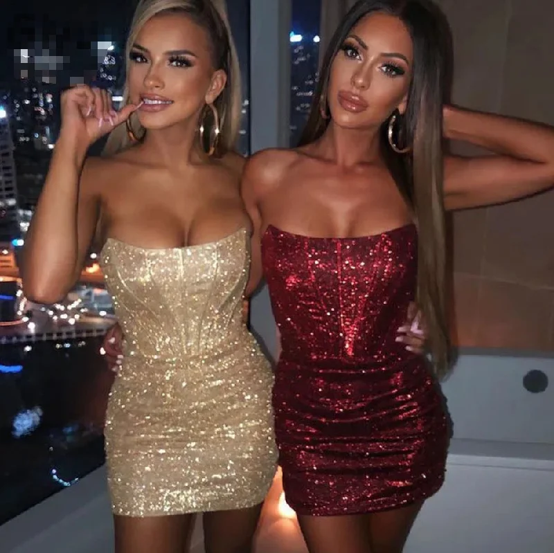 Peplum dresses for womenNight Club Party Woman Dress Sexy Bodycon Glitter Strapless Mini Short Prom Robe Summer Elegant Ruched Black Vestidos