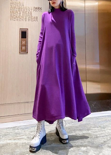 Designer women's sweaterChristmas purple Sweater weather Women high neck large hem tunic fall knit dress