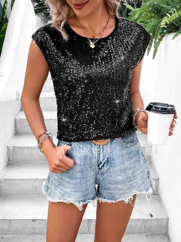 Geometric print women's topsSummer Round Neck Bat Sleeve Black Sparkly Shirt