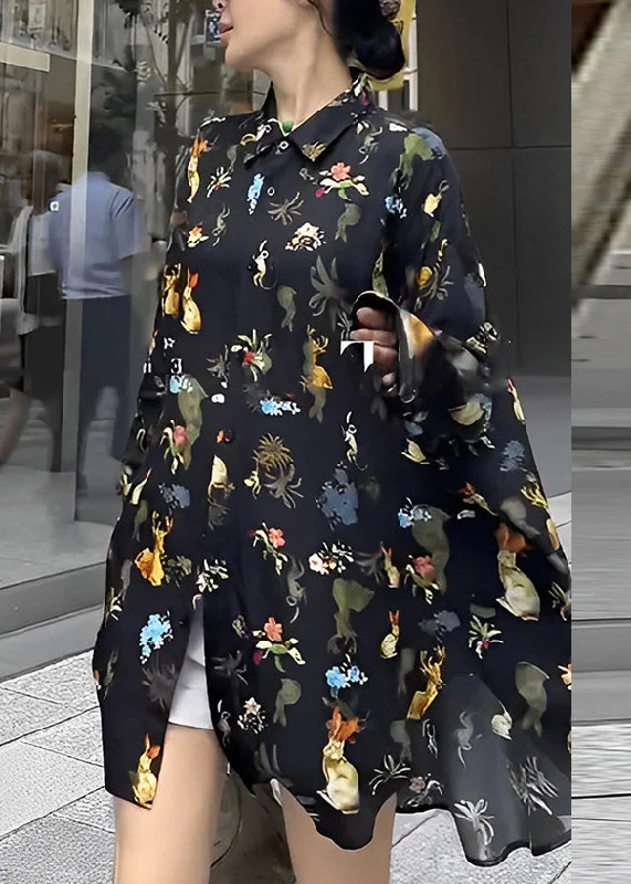Embellished women's topsFashion Black Peter Pan Collar Print Button Chiffon Shirt Long Sleeve
